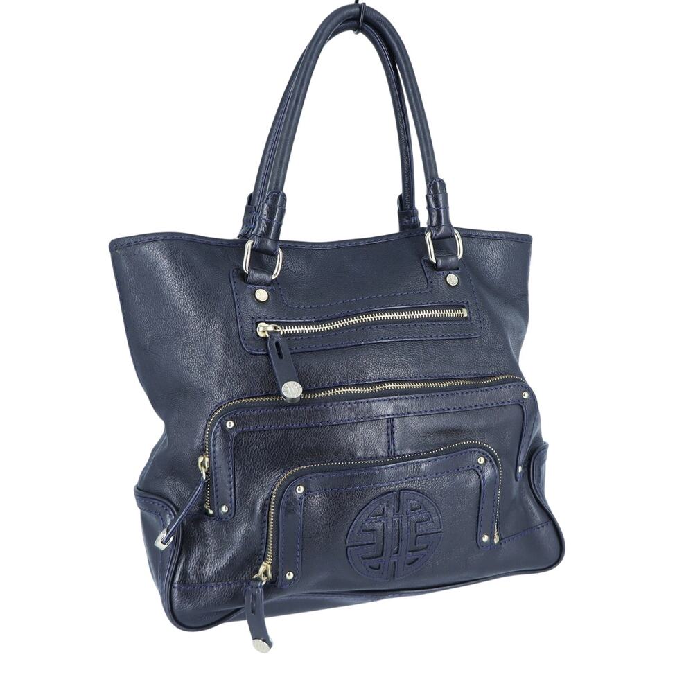 Antonio Melani Pebbled Leather Tote Bag Navy Blue Multi Pocket Shoulder Bag